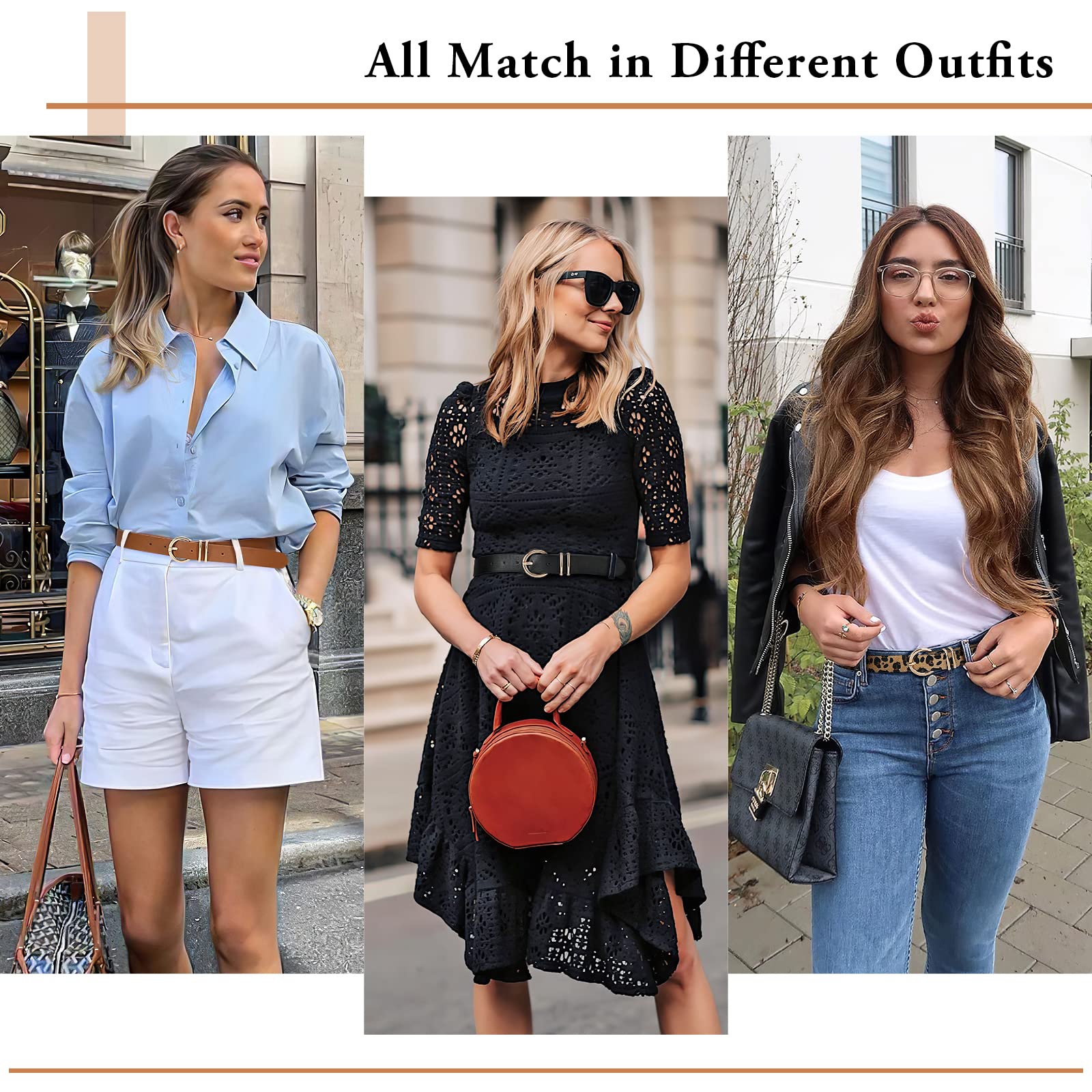 3 Pack Women Belts For Jeans Dresses Pants Ladies Leather Waist Belt with Gold Buckle