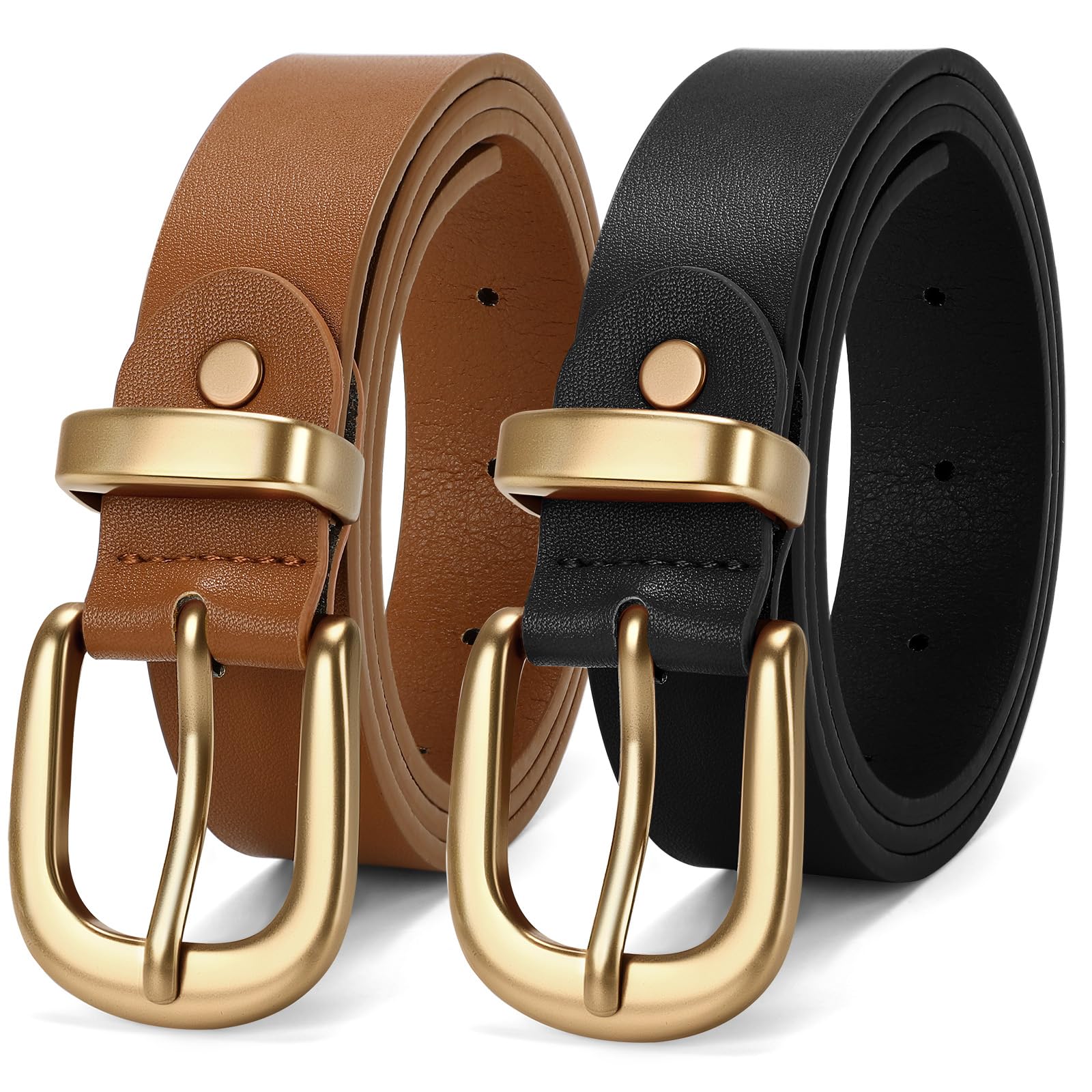 2 Packs Womens Belts for Jeans Ladies Belt for Dresses Fashion Leather Belt with Gold Buckle
