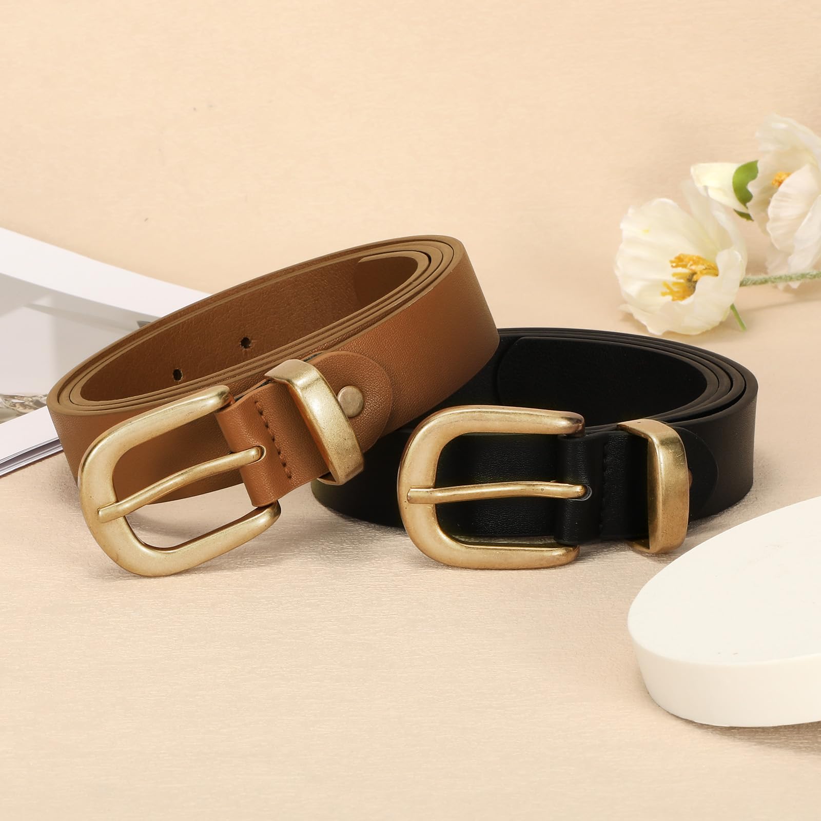 2 Packs Womens Belts for Jeans Ladies Belt for Dresses Fashion Leather Belt with Gold Buckle