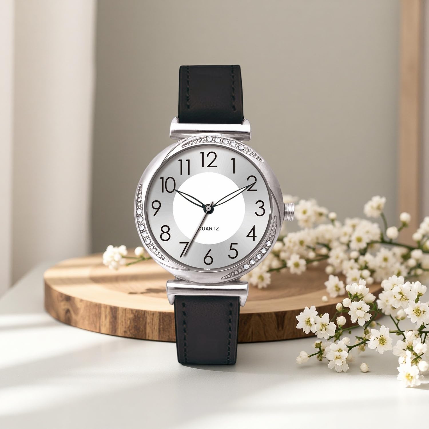 Women's Watch Ladies Quartz Watch with Crystal Accents Purple Leather Band Silver Dial